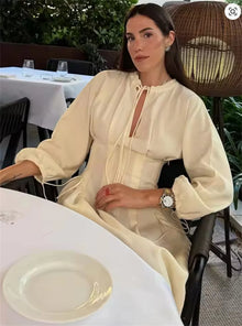 Women's Dress 2026 Summer New Beige Long-Sleeve Loose Tie-Decorated Long Dress Elegant and Graceful Beach Vacation
