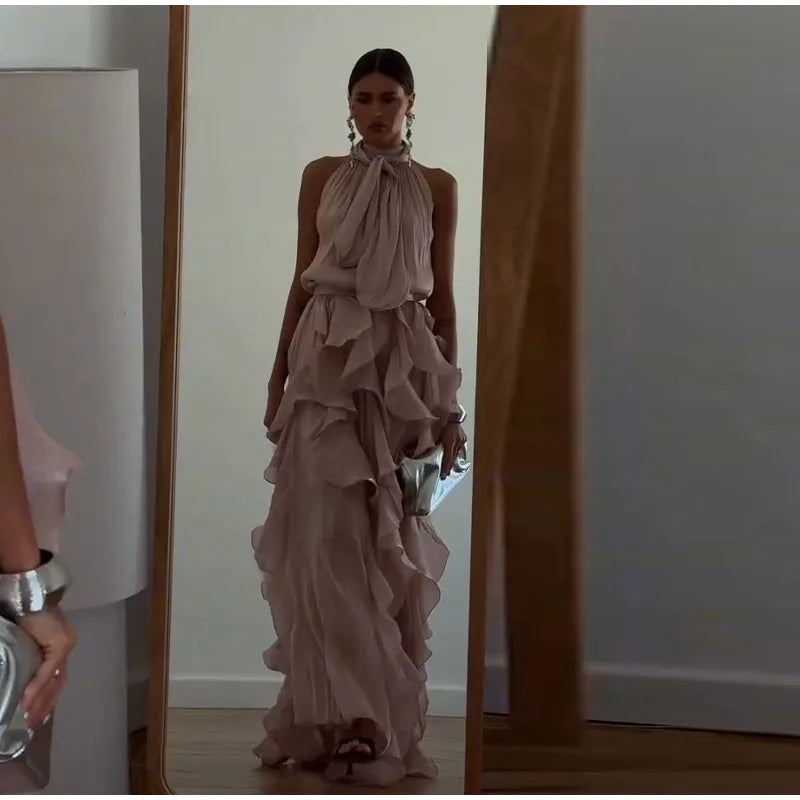 Sexy Cascading Ruffle Pleated Women Long Dress Fashion Lace Up Sleeveless Empire Female Dresses 2026 Spring Summer Lady Robe