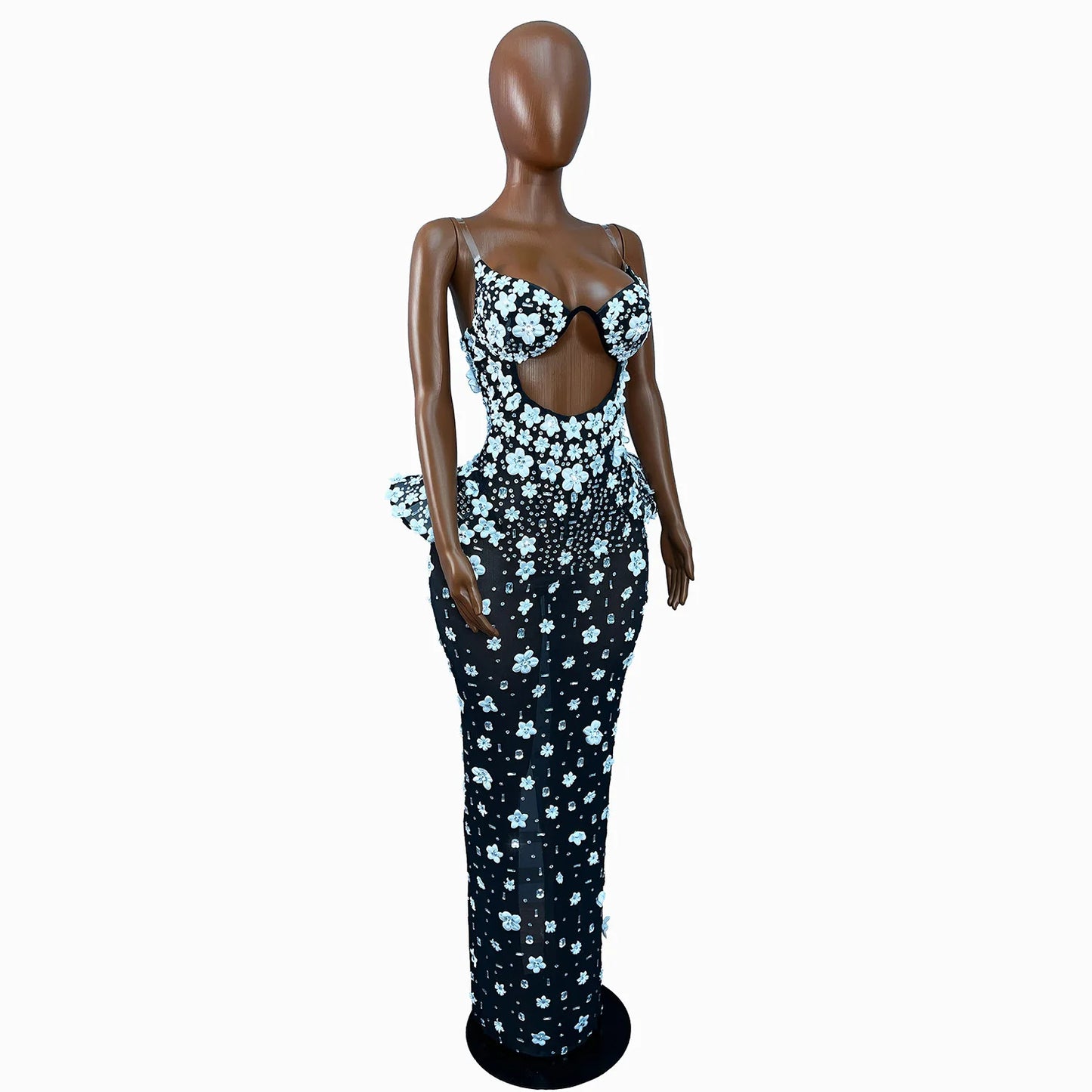 black flower Full Diamond Strap Wrap Hip Back Split Long Dress Birthday Celebration Party Dress Photoshoot Prom  Dress