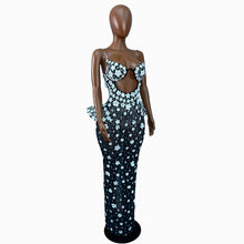 black flower Full Diamond Strap Wrap Hip Back Split Long Dress Birthday Celebration Party Dress Photoshoot Prom  Dress