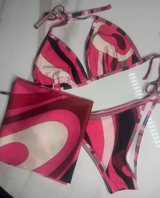2026 Fashion Design Women's Red Scarf Sling Swimsuits Classic Brand Lady Scarf Bikini Sets with Letter Signature Logo