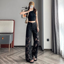 Y2k Women's cute jeans High Leg Waisted Wide  2025 Spring Summer Fashion Hollow Lace Patchwork Denim Pants
