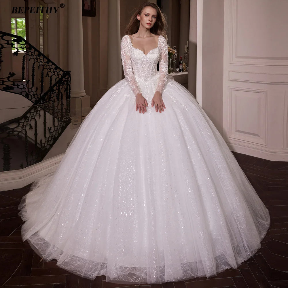 BEPEITHY Customized Princess Glitter Ivory Wedding Dresses Women Full Sleeves Lace Ball Bridal Gown Court Train 2026 Sweetheart