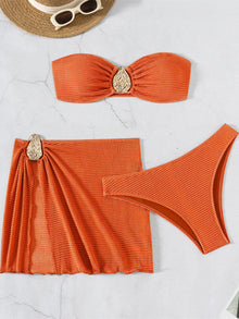 Coffee Bandeau Bikini Set With Mesh Skirt 3 Piece Swimwear