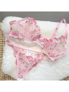 YUQI French Style Luxury Lingerie-Floral Embroidery Black Sheer Bra Set, Sensual Women's Intimates Elegant Transparent Underwear
