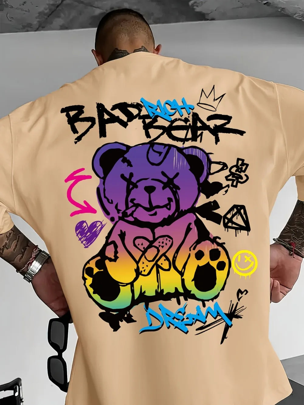 2025 Summer New Men's Little Bear Graffiti Printed Comfortable i Breathable Round Neck T-shirt Outdoor Street Style Top
