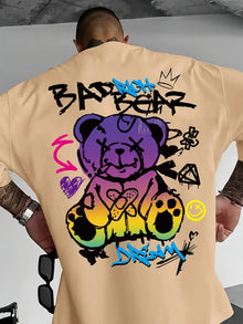 2025 Summer New Men's Little Bear Graffiti Printed Comfortable i Breathable Round Neck T-shirt Outdoor Street Style Top