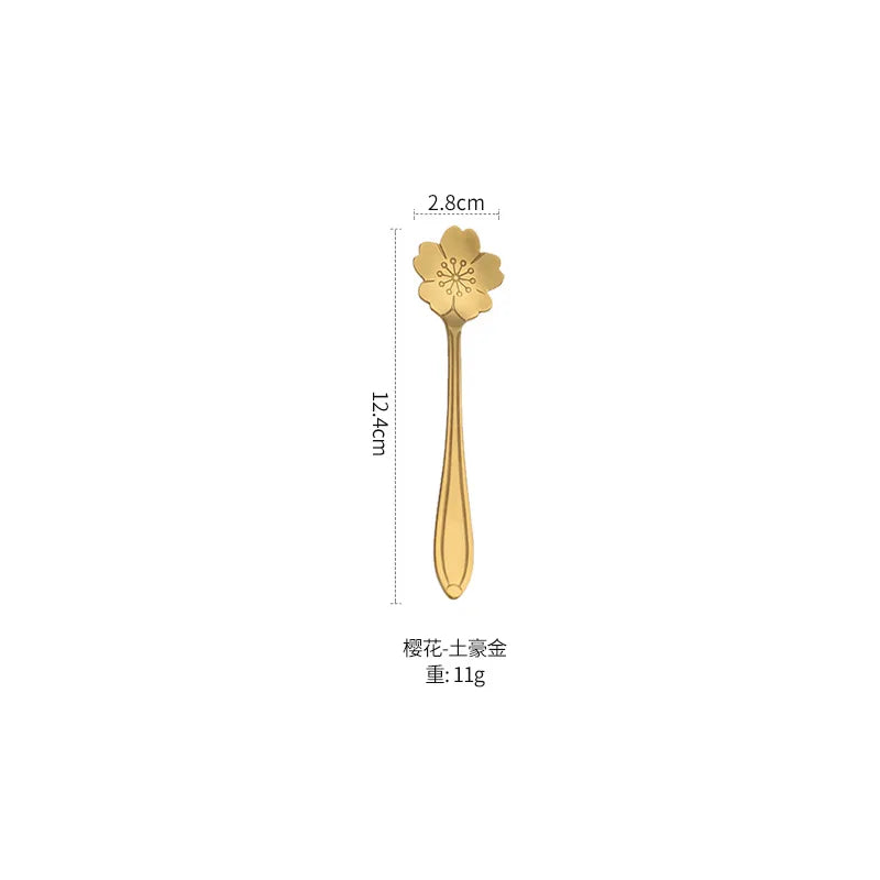 1pcs Stainless Steel Cherry Rose Flower Gold Scoop Coffee Spoon Gifts Kitchen Dessert Tea Accessories Tableware Decoration