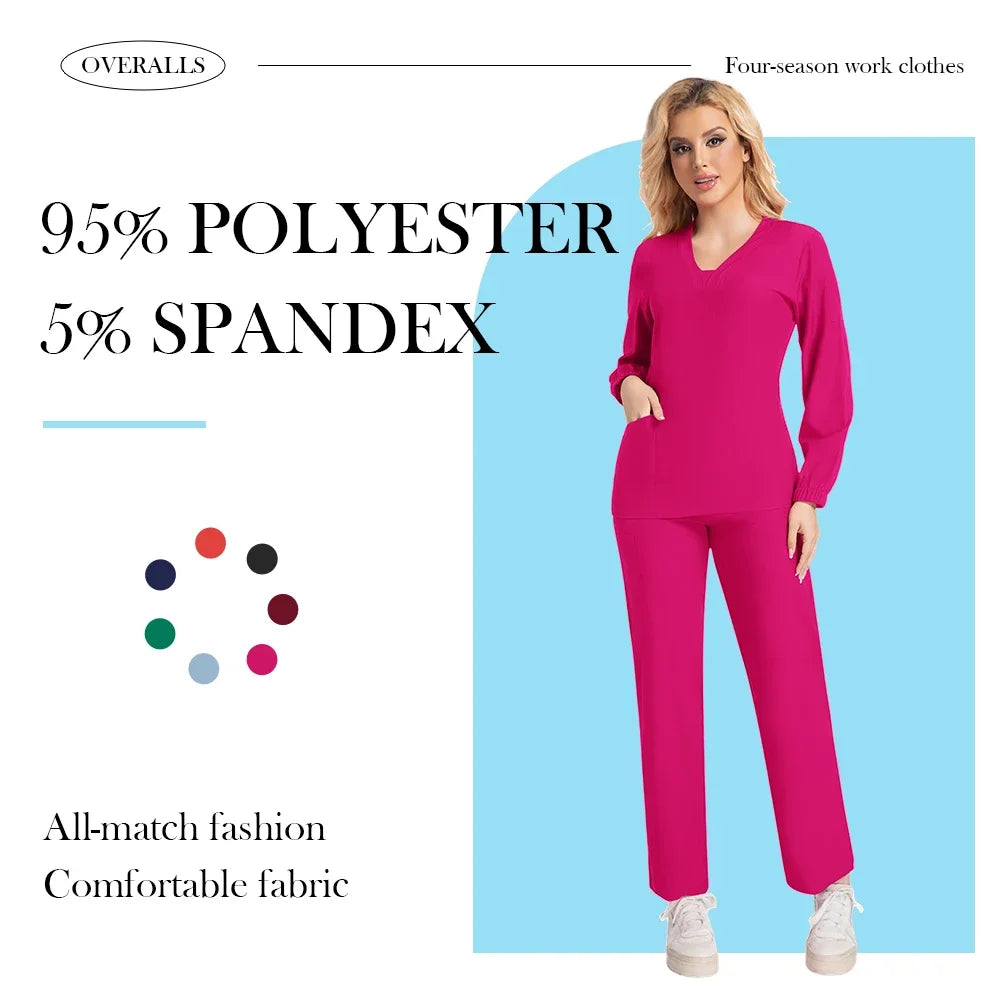 New Scrubs Nurse Uniforms Long Sleeve V-neck Top+Straight Pants Women Multicolor Nursing Scrubs Set Pet Doctor Medical Workwear