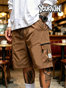 Summer Men's Quick Dry Cargo Shorts Loose Fit Elastic Waist Drawstring Multi Zipper Pockets Outdoor Fishing Hiking EU Size
