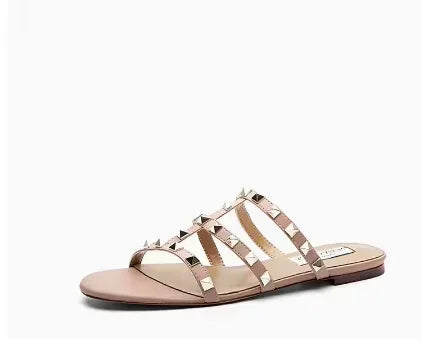Women Soft Leather Stud Flat Shoes Open Toe Summer Black White Brown Slippers Seam Retro Leisure Slides EU34-43 Big Gold Rivets