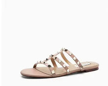 Women Soft Leather Stud Flat Shoes Open Toe Summer Black White Brown Slippers Seam Retro Leisure Slides EU34-43 Big Gold Rivets