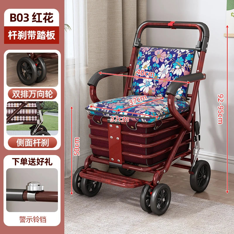 Foldable Shopping Cart with Seat 4 Wheel Walker Push Cart Large Capacity Grocery Trolley for Elderly Outdoor Mobility