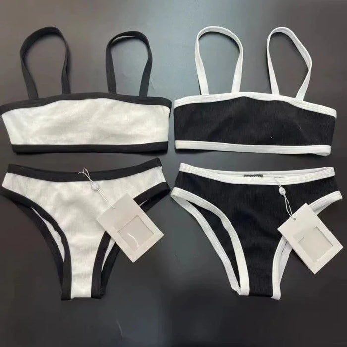 2025 New Women's Black and White Color Blocked Simple Sexy Suspender Split Bikini