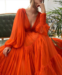 Bridalaffair Pleat Tulle Princess Prom Gown V-Neck Long Puff Sleeve Plus Size Evening Gown Elegant Dress Women for Wedding Party