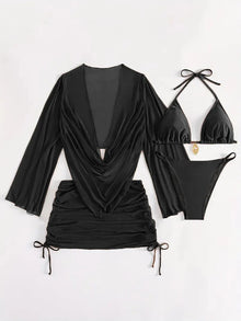 4 Piece Sexy Solid Color Bikini Set With Sheer Cover Up