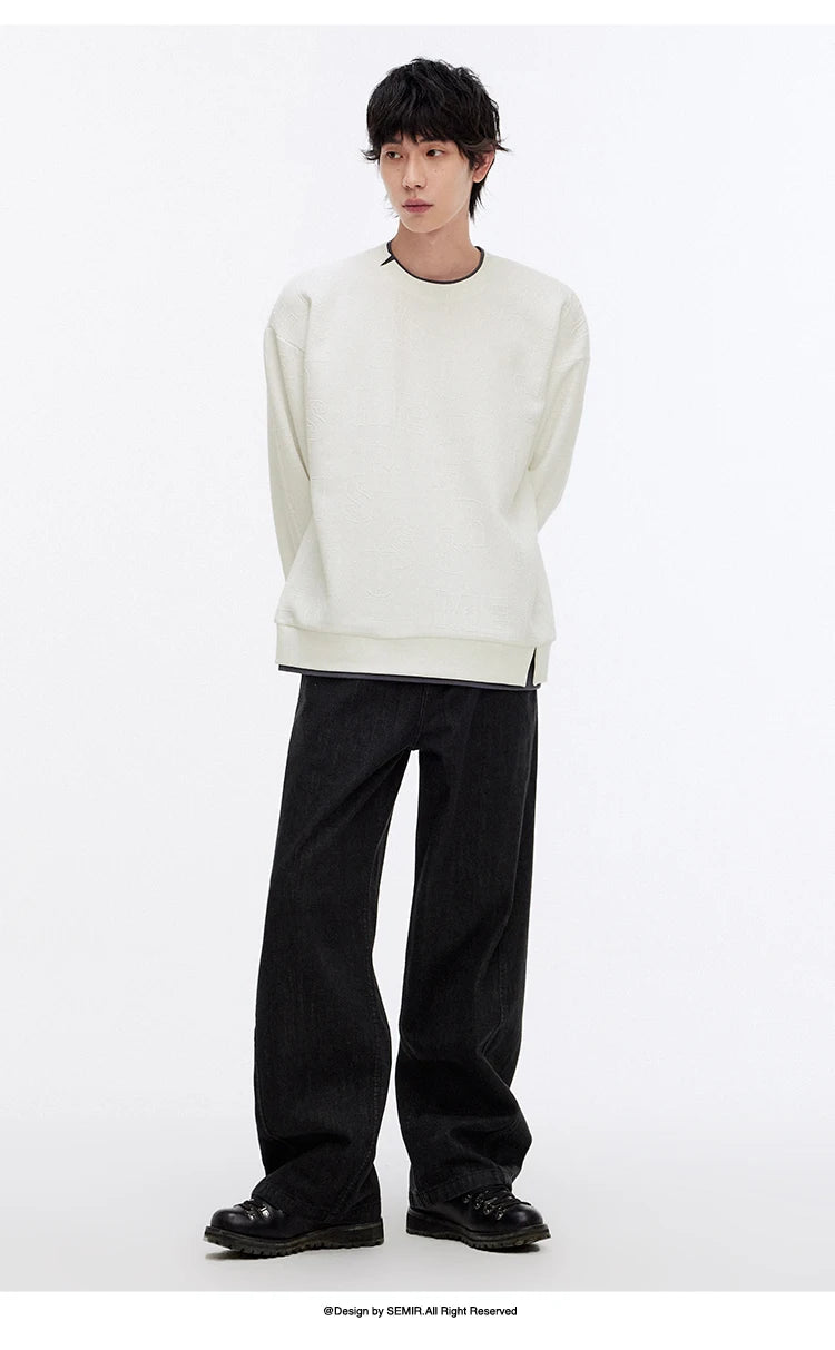 Semir Hoodie Men Color Block Fake Two Piece 2025 Autumn New Textured Letter Jacquard Casual Top
