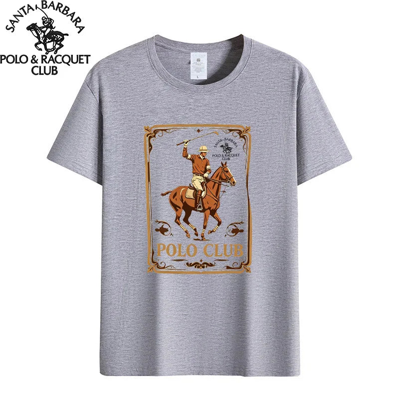 Santa Barbara Polo & Racquet Club Men's T-shirt Vintage Polo Player Print 100% Cotton Casual O-Neck Tee