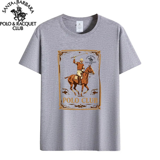 Santa Barbara Polo & Racquet Club Men's T-shirt Vintage Polo Player Print 100% Cotton Casual O-Neck Tee