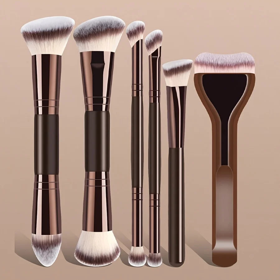 Dual-Ended Makeup Brush Set, 6pcs, Foundation Brush, Concealer Brush, Contour Brush, Beginner-Friendly, No Powder Waste Beauty T