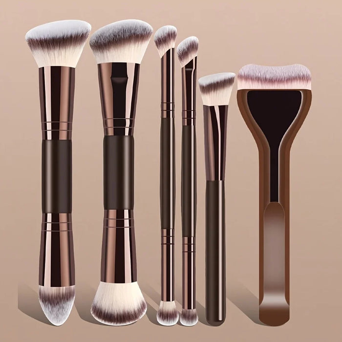 Ensemble de pinceaux de maquillage à double embout, 6 pièces, pinceau fond de teint, pinceau anti-cernes, pinceau contouring, facile à utiliser pour les débutants, sans perte de poudre Beauty T
