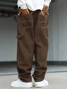 Men's vintage brown-and-white thin pinstripe loose wide-leg denim trousers, Y2K workwear street-style unisex casual jeans