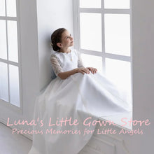 Customized White Lace Tulle Flower Girl Dress For First Communion Wedding Floor Length Gown Three Quarter Lace Sleeve Grey Back