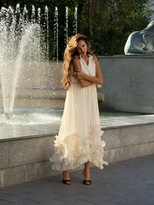 Women Solid Cloak Long Dresses Fashion Stand Neck Lace Sleeveless Ruffle Irregular Hem Dress 2025 New Summer Street Lady Gown