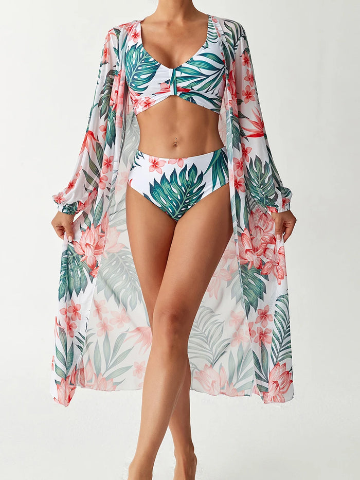 Ensemble bikini 3 pièces taille haute avec kimono, maillot de bain imprimé pour femme 2026, tenue de bain, vêtement de plage
