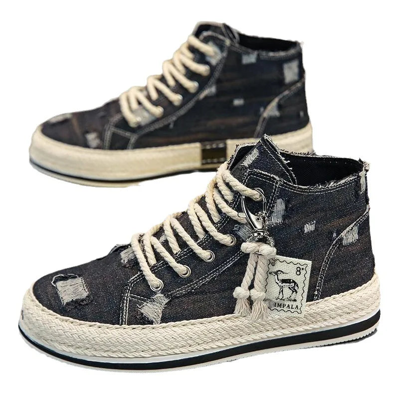 Men's Denim Canvas Sneakers Breathable High Top Sneakers for Men Slip On Sneakers Spring Summer Casual Platform Vulcanized Shoes