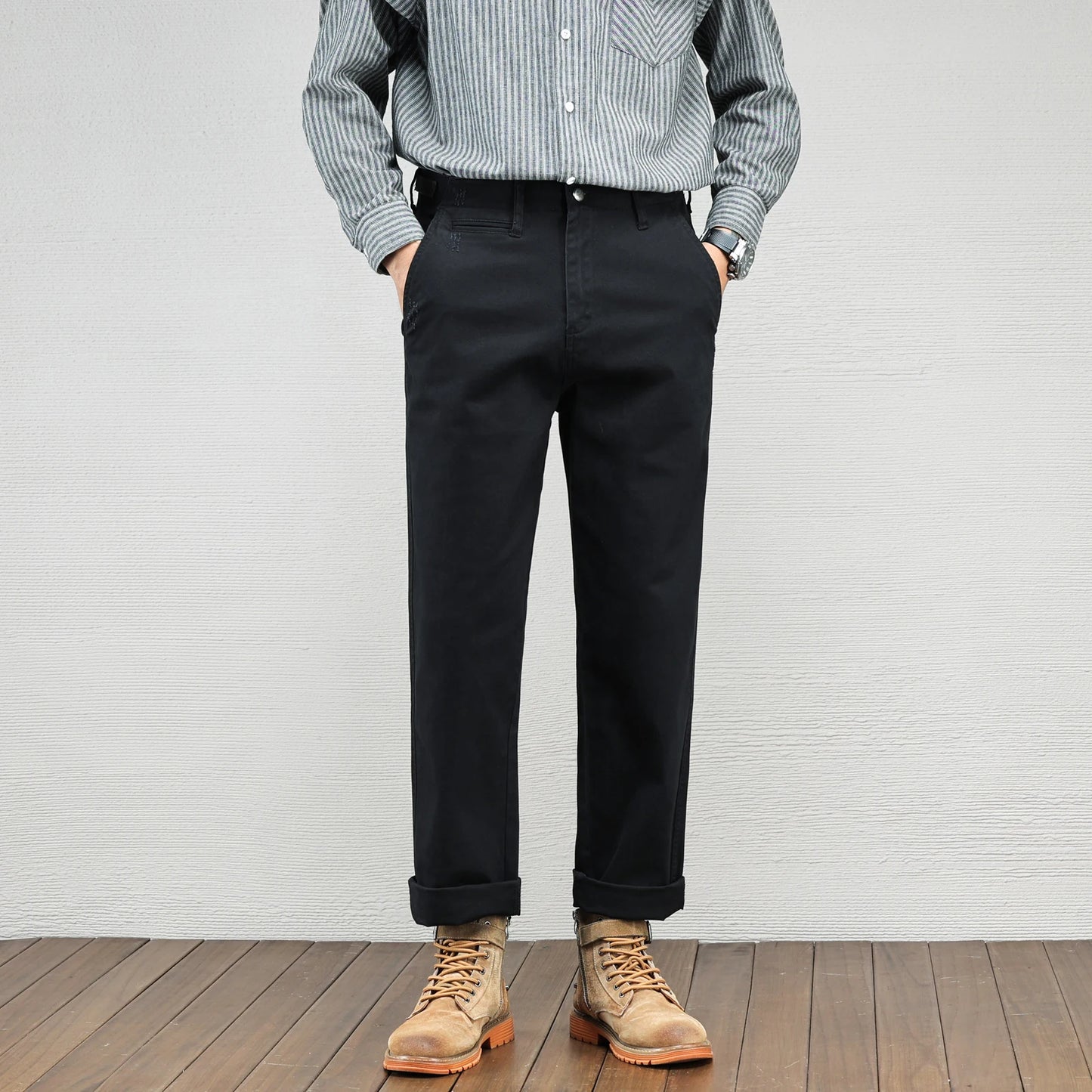 Men's Casual Cotton Pants Autumn Winter Loose Straight Leg High Elastici Bussiness Mid Waist American Retro Workwear Trousers