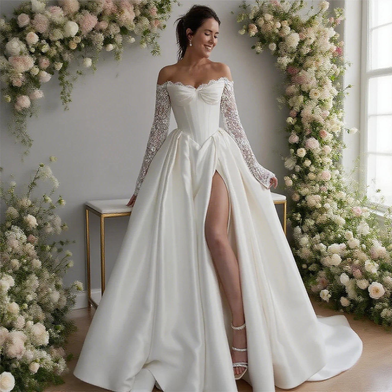 SWEMILE Customized Off Shoulder Long Appliques Sleeves Satin A-Line Wedding Elegant Lace-up Back Floor Length Side Slit Gown