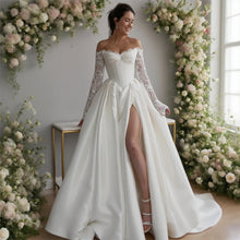 SWEMILE Customized Off Shoulder Long Appliques Sleeves Satin A-Line Wedding Elegant Lace-up Back Floor Length Side Slit Gown