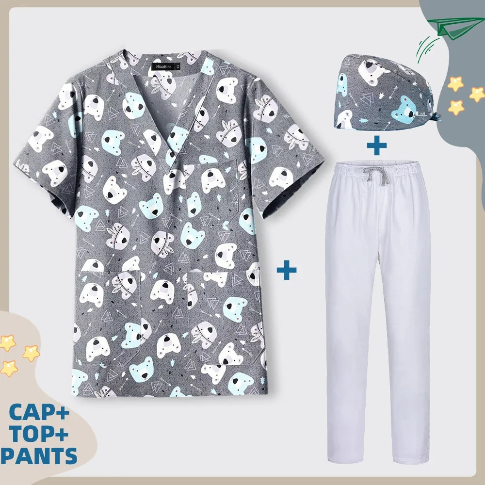 Print Dogs/Cats/Rabbit Scrub Tops Women Men Medical Scrub Shirts Pet Shop Vet Workwear Doctor Nurse Uniform Dentist Overalls Cap