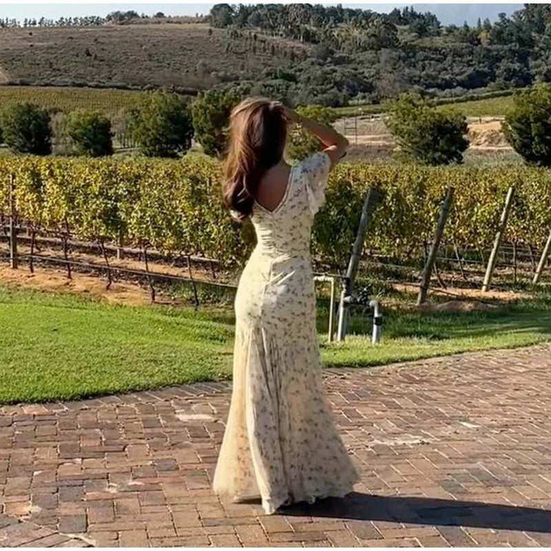 Fashion V-neck Floral Women Maxi Dress Flutter Sleeve Lace Trim High Waist Chiffon Vestidos Summer Female Daily Vacation Dresses