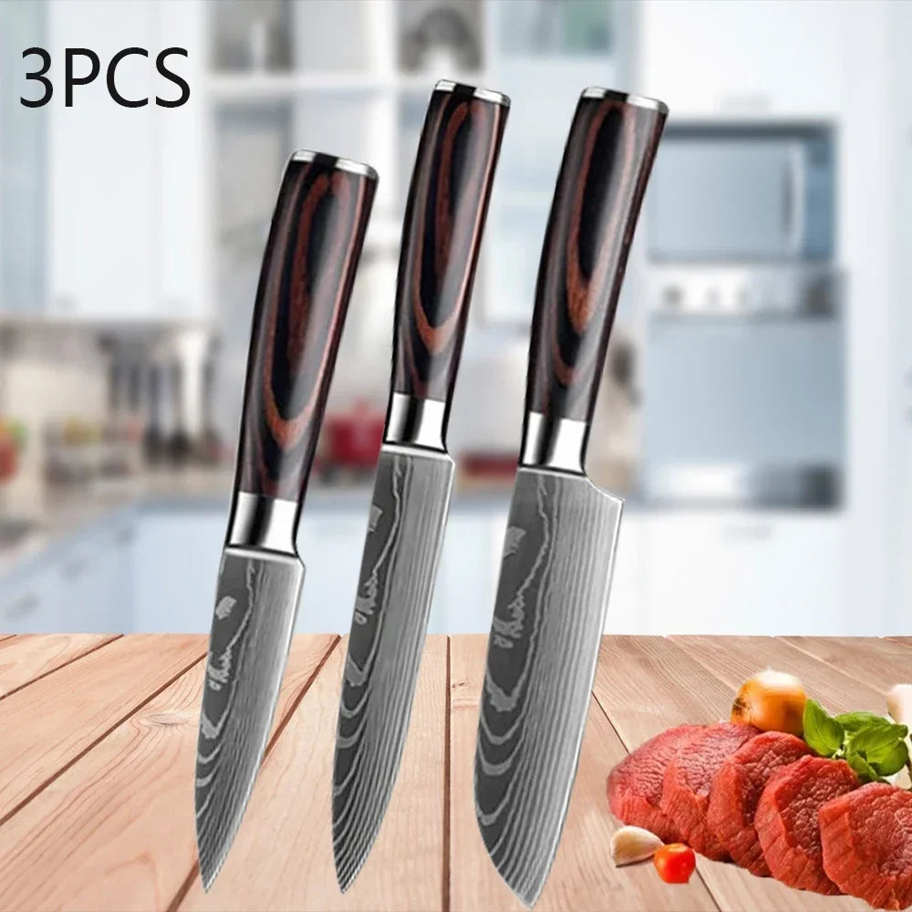 Ensemble de 3 couteaux de cuisine, couteau Santoku damassé au laser, couteau universel, couteau de chef professionnel, couperet à viande, accessoires de cuisine