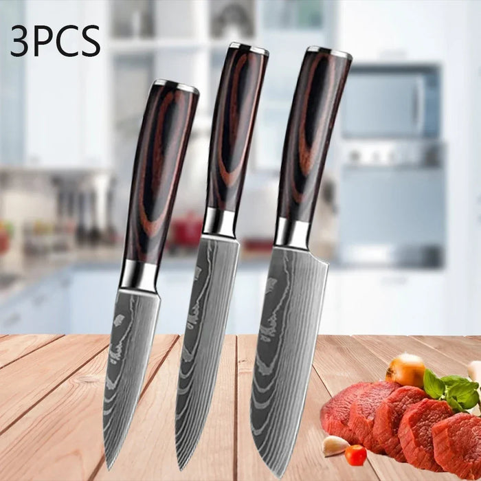 Ensemble de 3 couteaux de cuisine, couteau Santoku damassé au laser, couteau universel, couteau de chef professionnel, couperet à viande, accessoires de cuisine