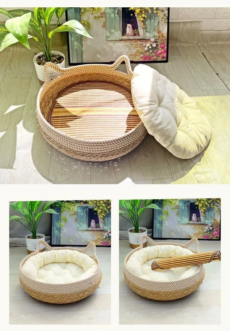 Vine Woven Cat Bed Pet Bed All-weather Comfortable Sleep 35/40cm Cat Bed Circular Cat House Puppy Bed Home Pet Supplies