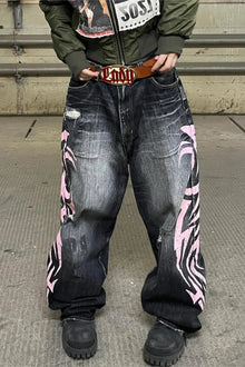 Men's Mottled Totem Print Jeans American Style Old Washed Wide Leg Retro Loose Fashion Trend Wide Leg Jeans Goth Pant Y2K Unisex