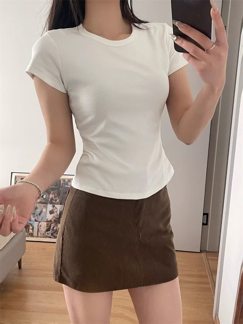 Korean Style Slim Fit Short Sleeve Cotton Blend Tee Women