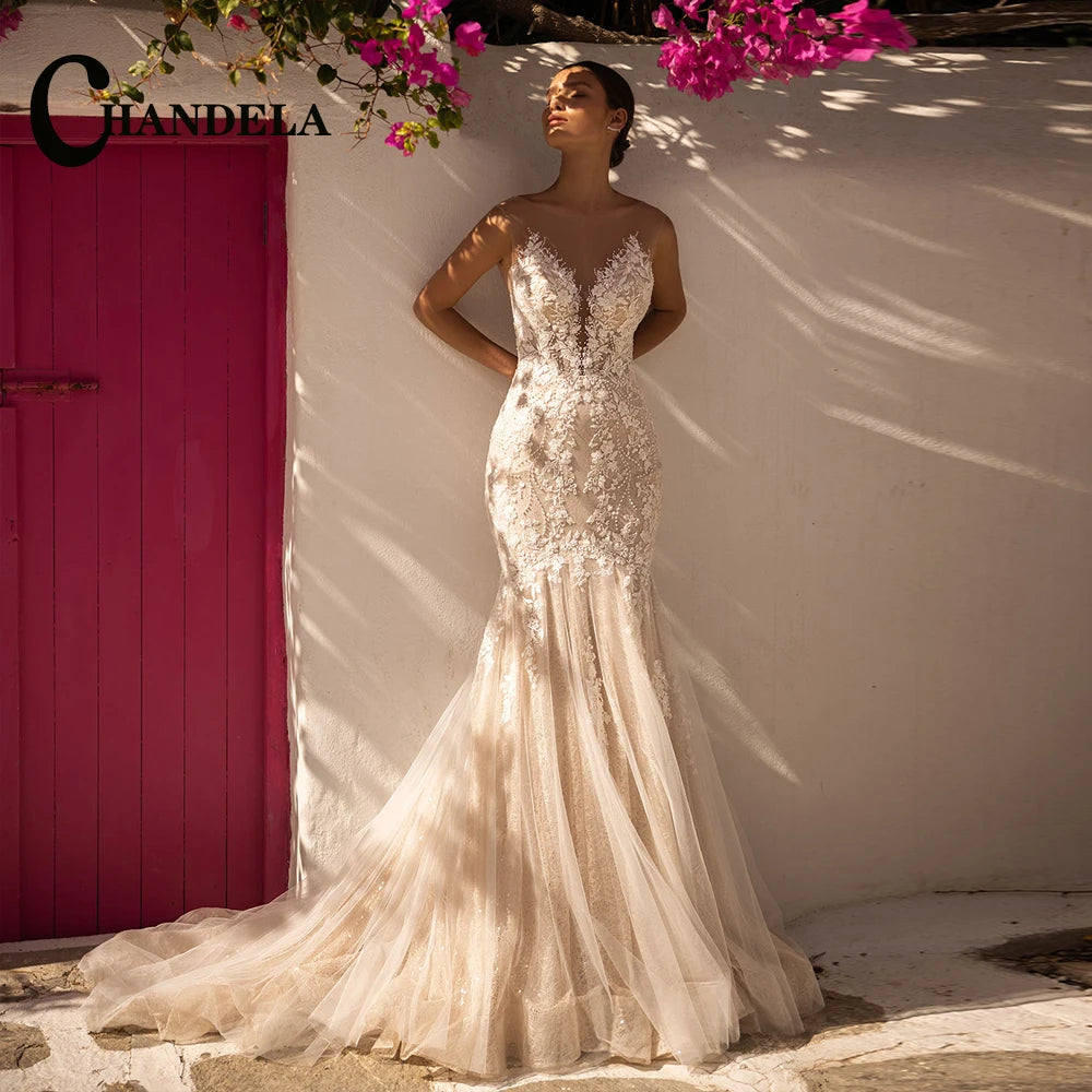 CHANDELA Trendy A-line Wedding Dress Bridal Sleeveless Tulle Lace Appliques Lacing up Brush Train Vestidos Para Mujer Customised