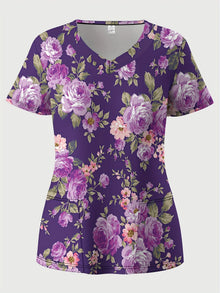 Fashion floral Nurse Uniform Short-Sleeve Shirt Commuting Work V-Neck Top Short Sleeves Functional Patch Pockets Women's T-Shirt