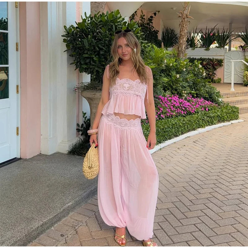 Light Blue Halter Neck Pleated Mini Dress Lady Sleeveless High Waist Hollow Lace Short Vestidos Summer Women's Vacation Outfit