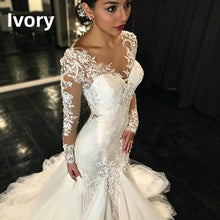 Long Sleeve Mermaid Wedding Dresses Sheer V Neck Lace Appliques Illusion Back Bridal Gown Sweep Train Tulle Vestido De Novia