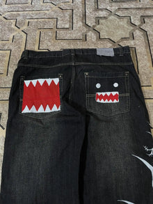 Y2k Wash Dark Baggy Jeans Men Shark Mouth Pocket Print White Tribal Flame Side Graphic Wide Leg Harajuku Hip Hop Denim Trousers