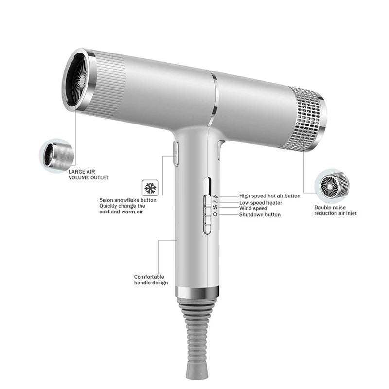Professional Ionic Blow Dryer Low Noise Hairdryer with Nozzle Powerful Hot and Cold Salon Professional Hair Dryer