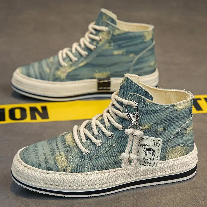 Men's Denim Canvas Sneakers Breathable High Top Sneakers for Men Slip On Sneakers Spring Summer Casual Platform Vulcanized Shoes