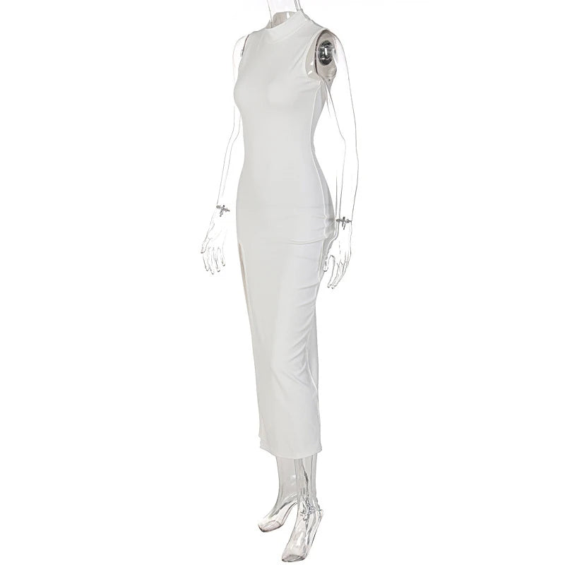 2024 Summer Slit Maxi Dress for Women Elegant Holiday Sexy Sleeveless Club Party Tank Sundresses Solid Clothes