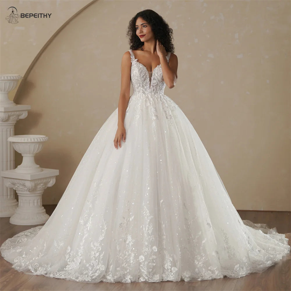 BEPEITHY Customized Sweetheart Long Sleeves Bride Wedding Dresses 2026 Women Princess Glitter Court Train Plus Size Bridal Gown