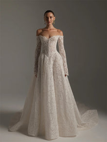 Tokyo Customized White Off the Shoulder Wedding Dresses Long Sleeves Zip Back Bridal Gowns A-Line Court Train Wedding Gowns 2026